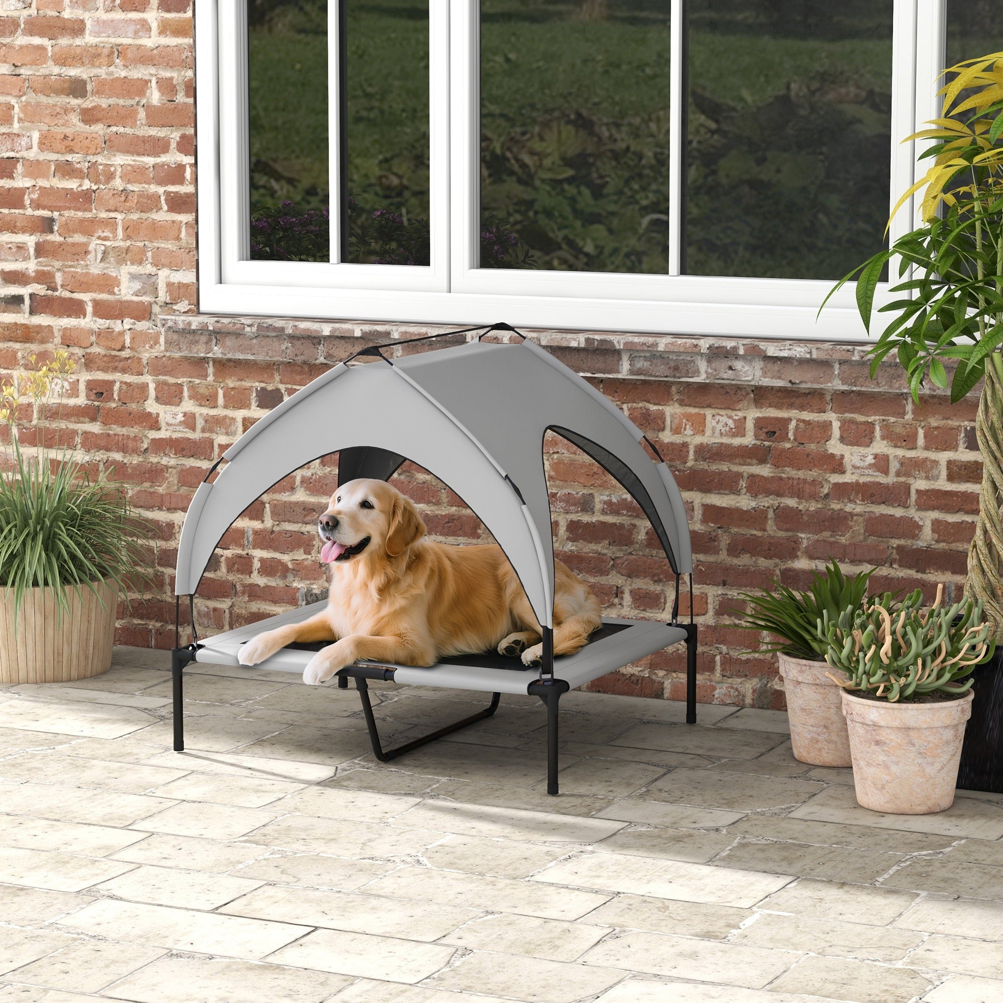 Cooling Raised Dog Bed with Canopy, Light Grey